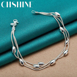 925 Sterling Silver Smooth Beads Three Snake Chain Bracelet For Women