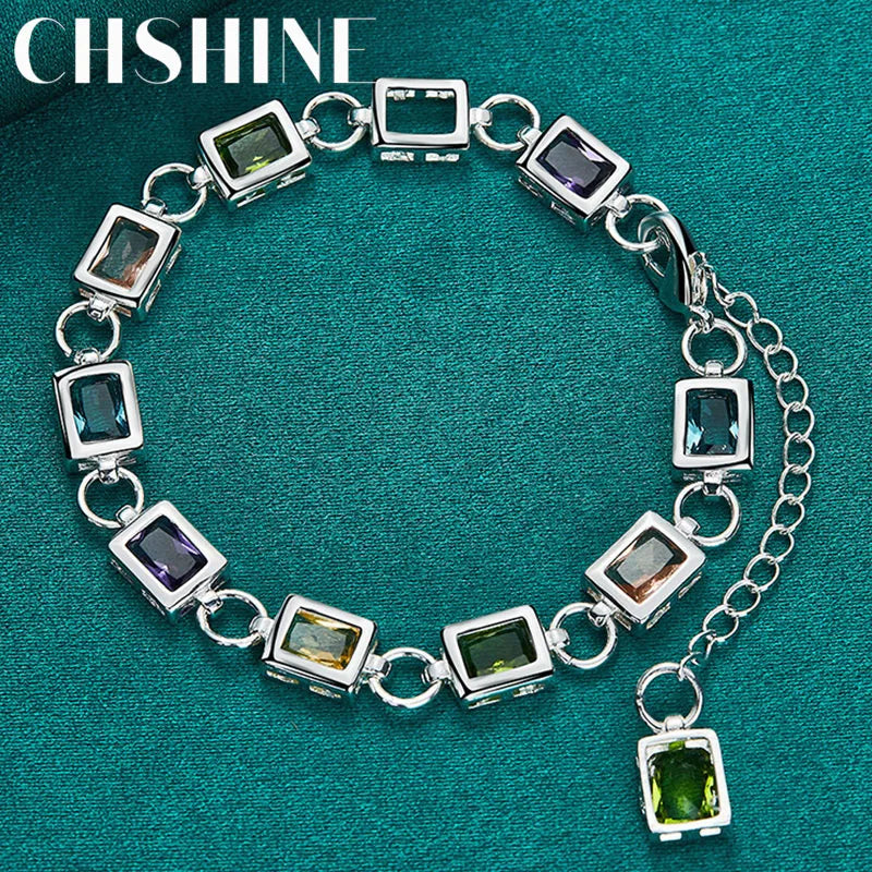 925 Silver Square Bracelet Multicolor Zircon Women Jewelry