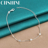 925 Silver 3 Small Square Charm Chain Bracelet Women Wedding Jewelry