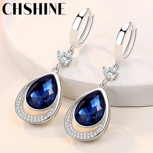 925 Silver Water Drop Sapphire Earrings Wedding Banquet Party Gift