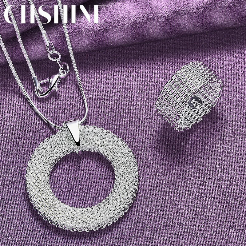 925 Silver Weave Round Charm Pendant Necklace Ring Set