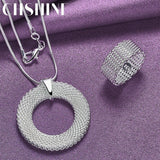925 Silver Weave Round Charm Pendant Necklace Ring Set