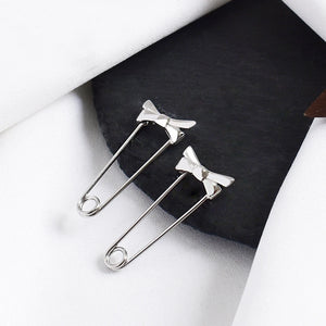 925 Sterling Silver Bowknot Safety Pin Earrings Studs for Women