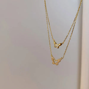 Double Layer Butterfly Necklaces Zircon Pendant 14K Plated Jewelry