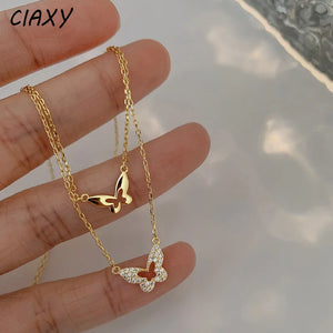 Double Layer Butterfly Necklaces Zircon Pendant 14K Plated Jewelry
