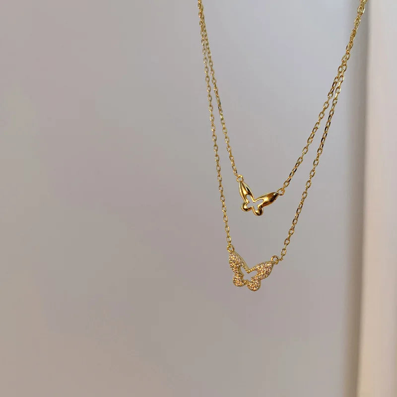 Double Layer Butterfly Necklaces Zircon Pendant 14K Plated Jewelry