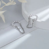 Women's Pearl Ear Clip Tassel Chain Earrings Silver French Jewelry