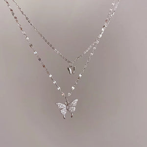 Silver Butterfly Necklace Double Layer Clavicle Chain CZ Choker
