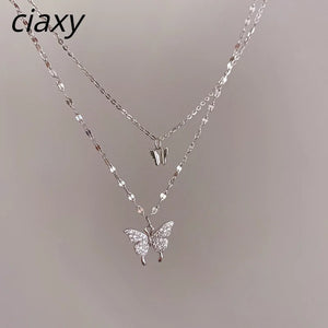 Silver Butterfly Necklace Double Layer Clavicle Chain CZ Choker