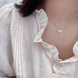 Silver Butterfly Necklace Double Layer Clavicle Chain CZ Choker
