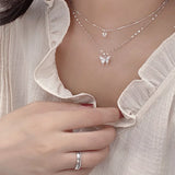 Silver Butterfly Necklace Double Layer Clavicle Chain CZ Choker