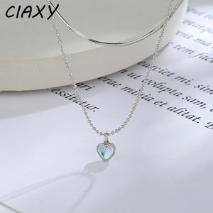 Silver Moonstone Heart Pendant Necklaces Double Layer Clavicle Chain