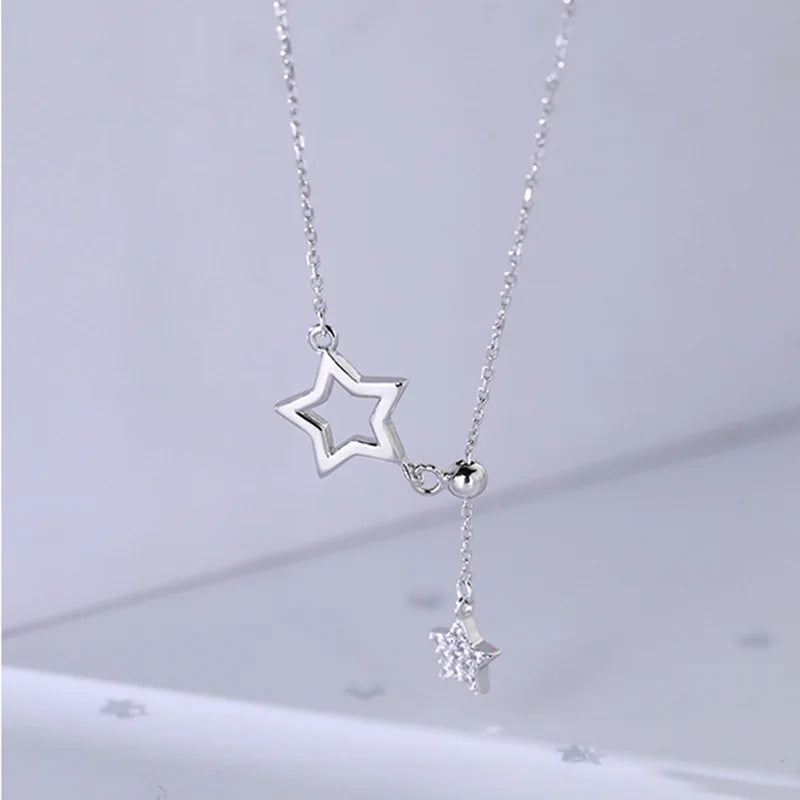 Silver Star Choker CZ Tassel Necklace