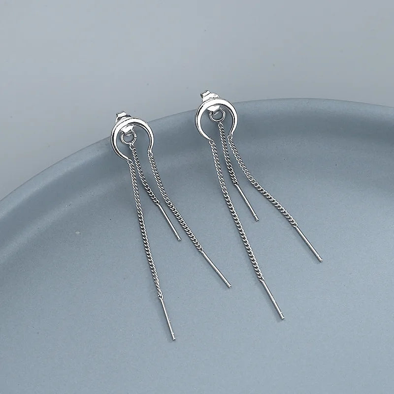 Silver Moon Crescent Arc Chain Earrings Long Tassel Ear Line Jewelry
