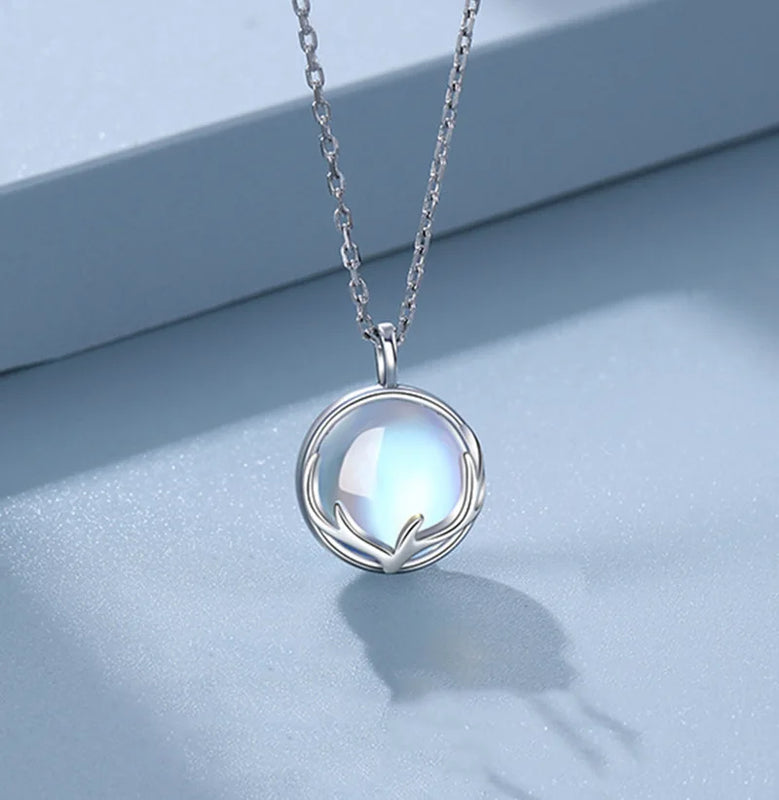 Silver Moonstone Pendant Necklaces Deer Antlers Clavicle Chain Jewelry