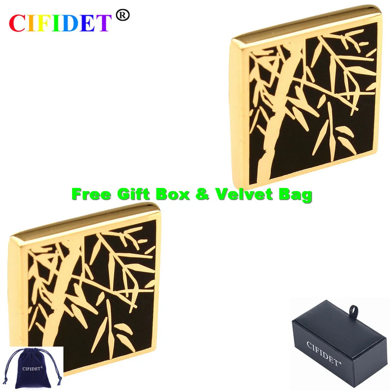 CIFIDET Golden Bamboo Cufflink Set with Bag and Box