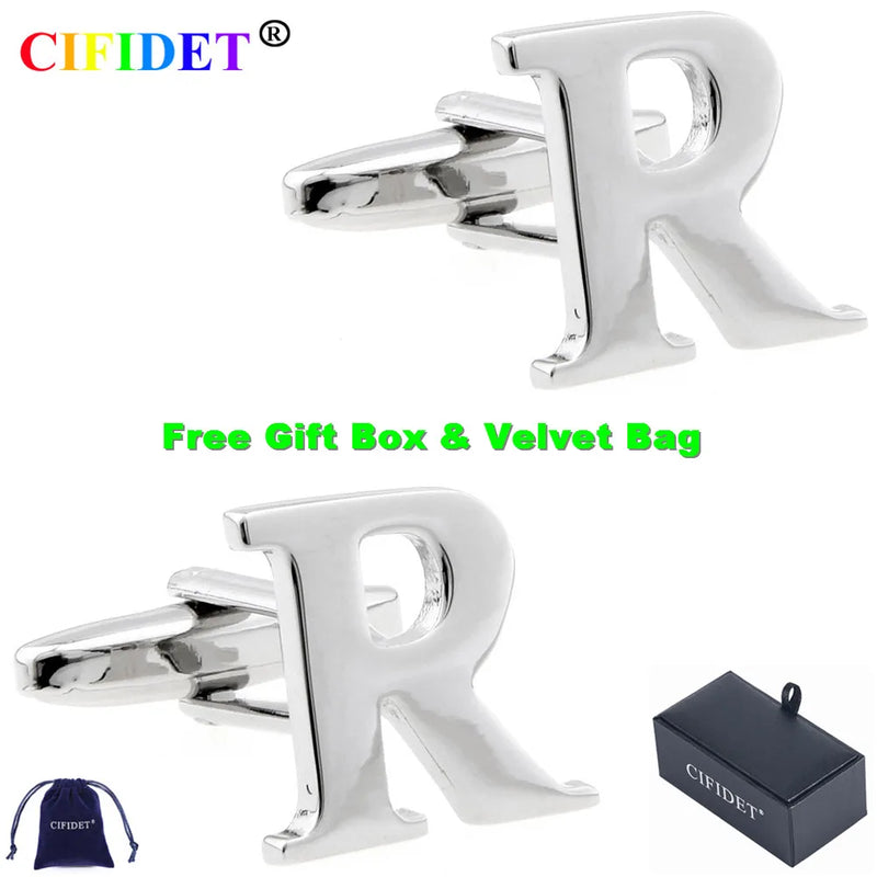 CIFIDET Classic Cufflink Letter R Alphabet Shirt Cuff Link with Velvet Bag