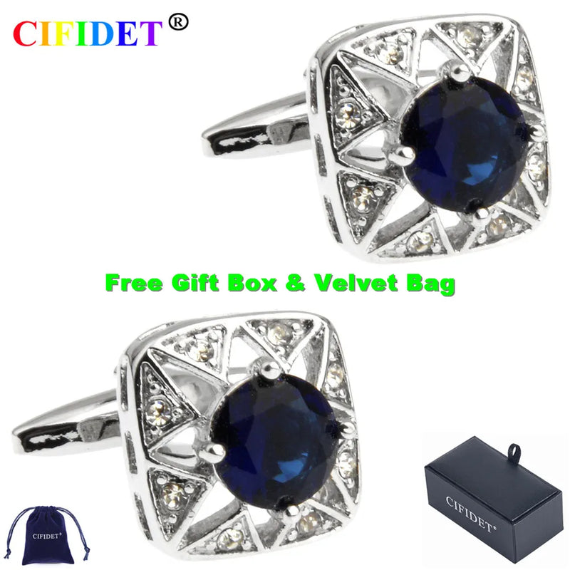 CIFIDET Cufflink & Clear Stones Shirt Cuff Link + Velvet Bag & Gift Box