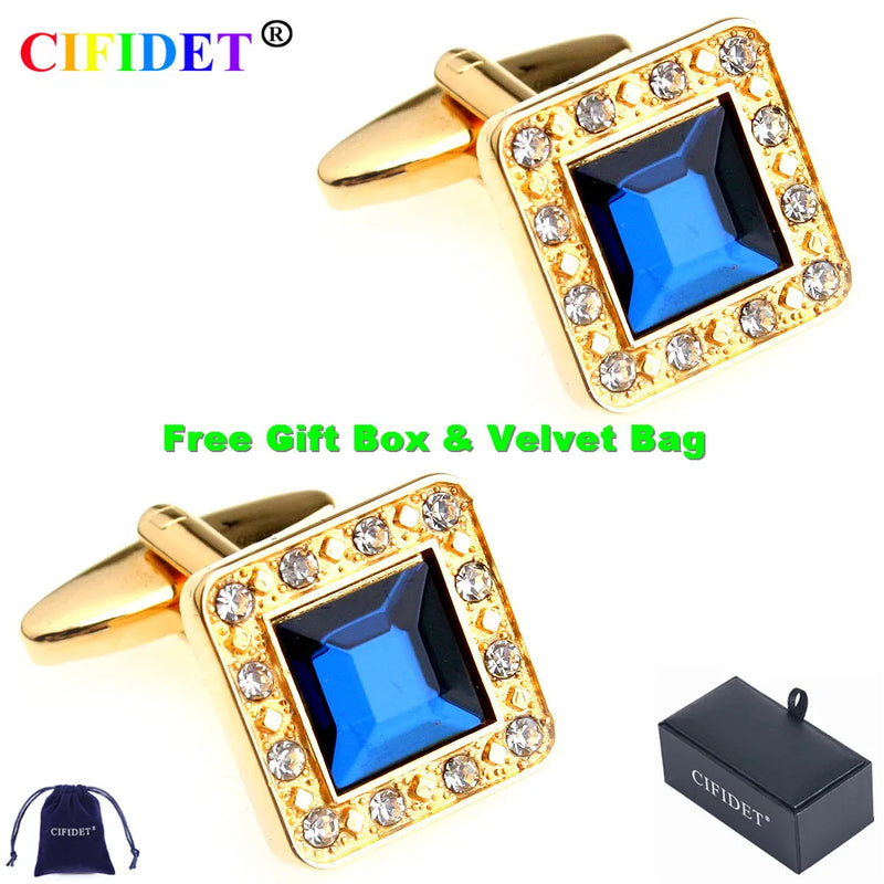 Cufflink Stone Golden Shirt Cuff Link With Velvet Bag and Gift Box