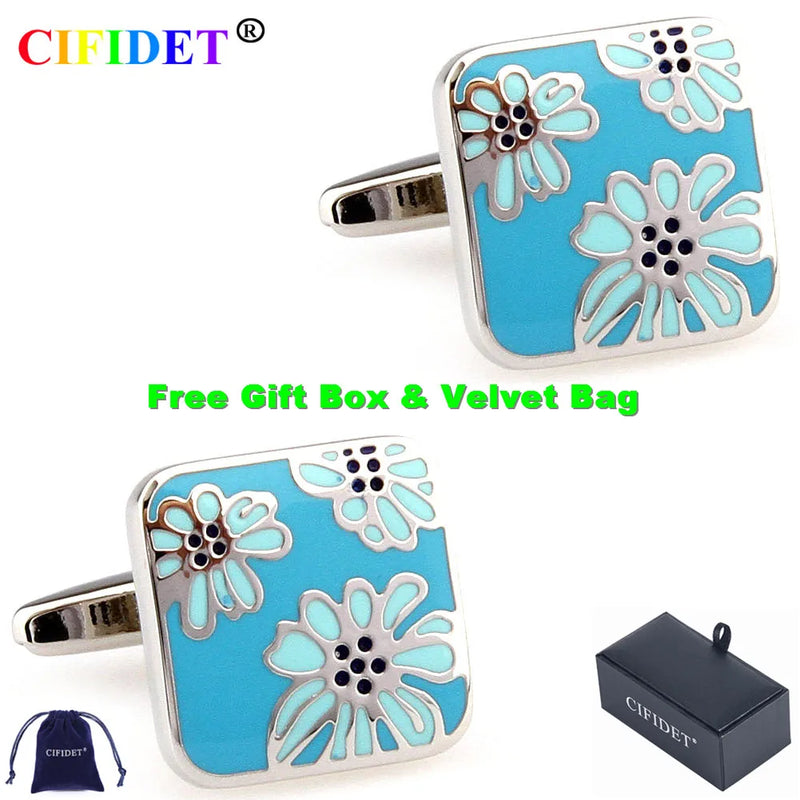 Flower Enamel Cufflink Set with Velvet Bag - Men's Jewelry Accessory