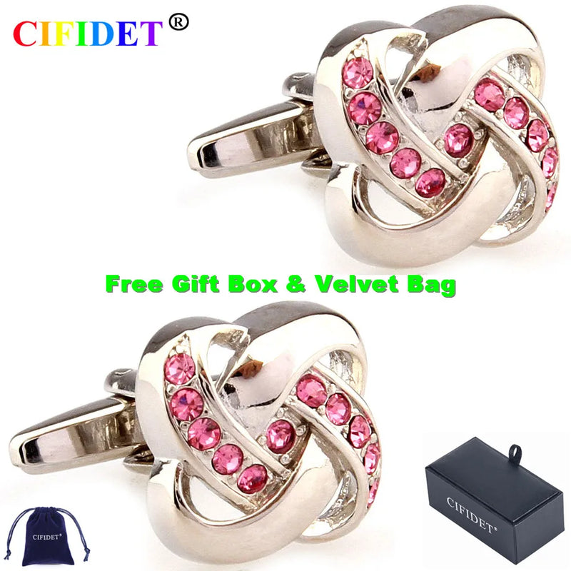 CIFIDET Men's Stainless Steel Pink Stone Knots Cufflink