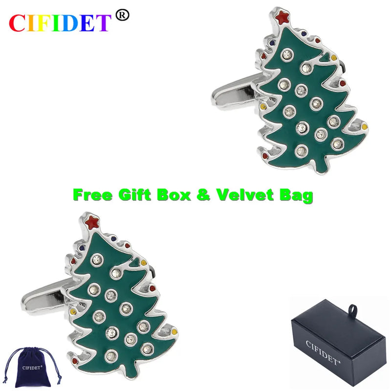 CIFIDET Green Stone Xmas Tree Cufflink w/ Gift Box