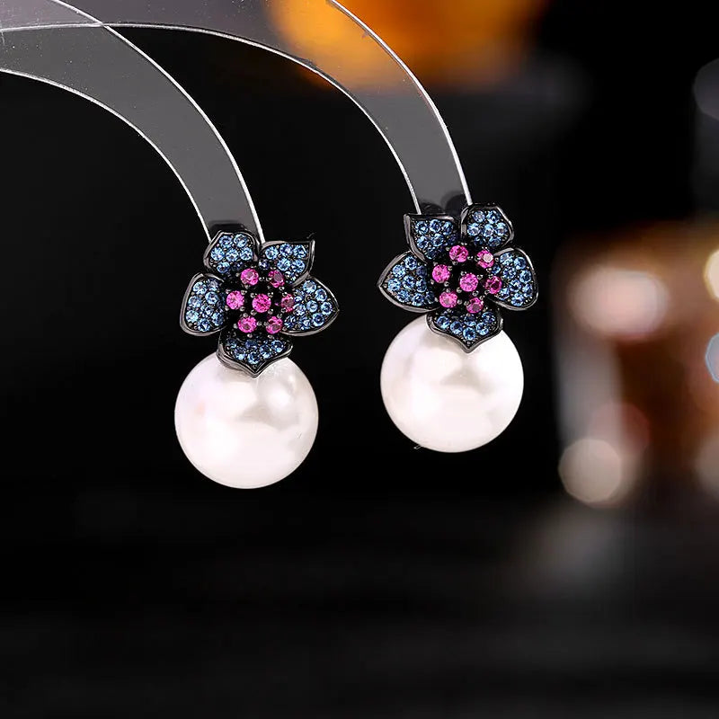 Freshwater Pearls Flower Earrings Zircon Crystal Vintage Jewelry