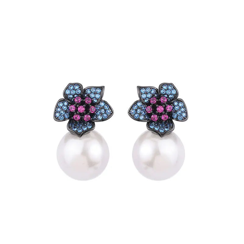 Freshwater Pearls Flower Earrings Zircon Crystal Vintage Jewelry