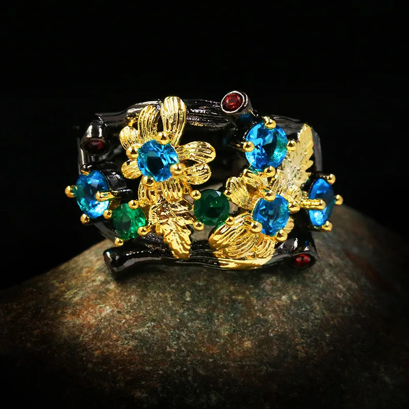 Bohemia Jewelry Flower Inlay Multicolor Zircon Ring