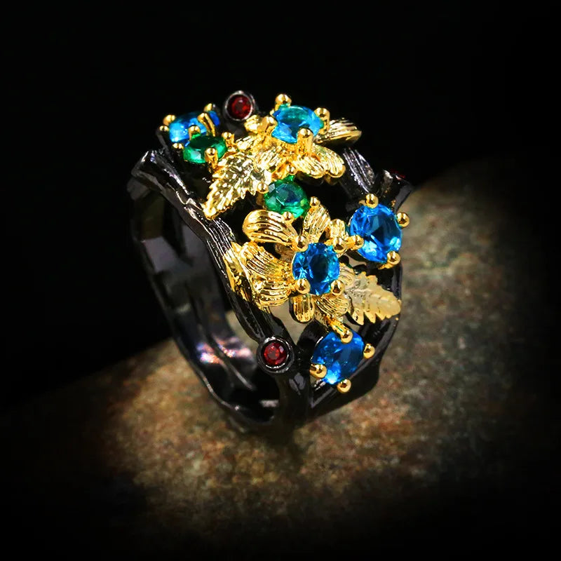 Bohemia Jewelry Flower Inlay Multicolor Zircon Ring