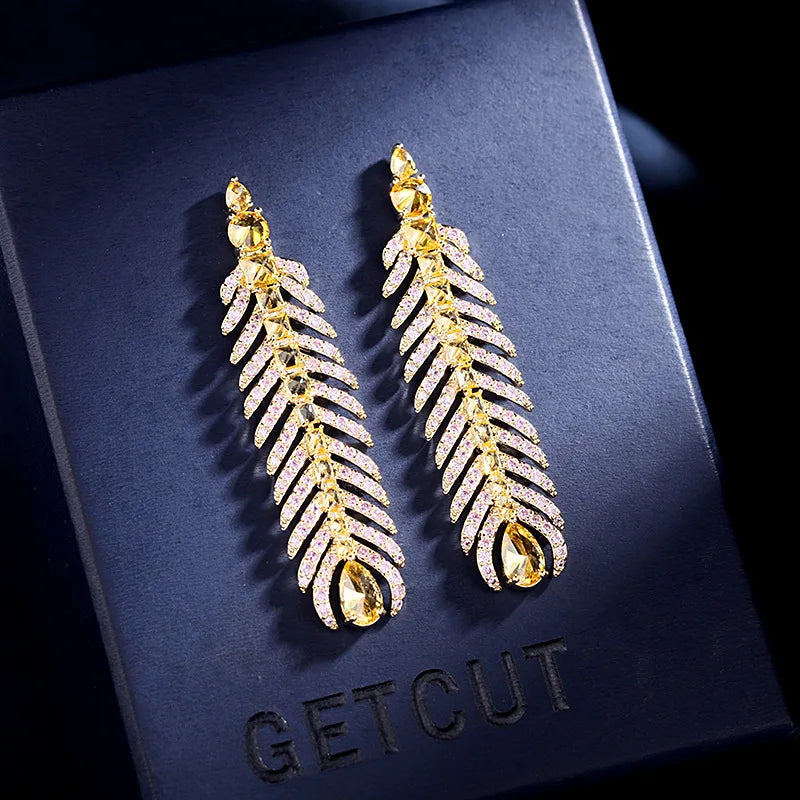 CZ Feather Drop Earrings Vintage Tassel Boho Wedding Jewelry