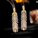 CZ Feather Drop Earrings Vintage Tassel Boho Wedding Jewelry