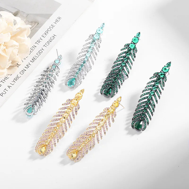 CZ Feather Drop Earrings Vintage Tassel Boho Wedding Jewelry