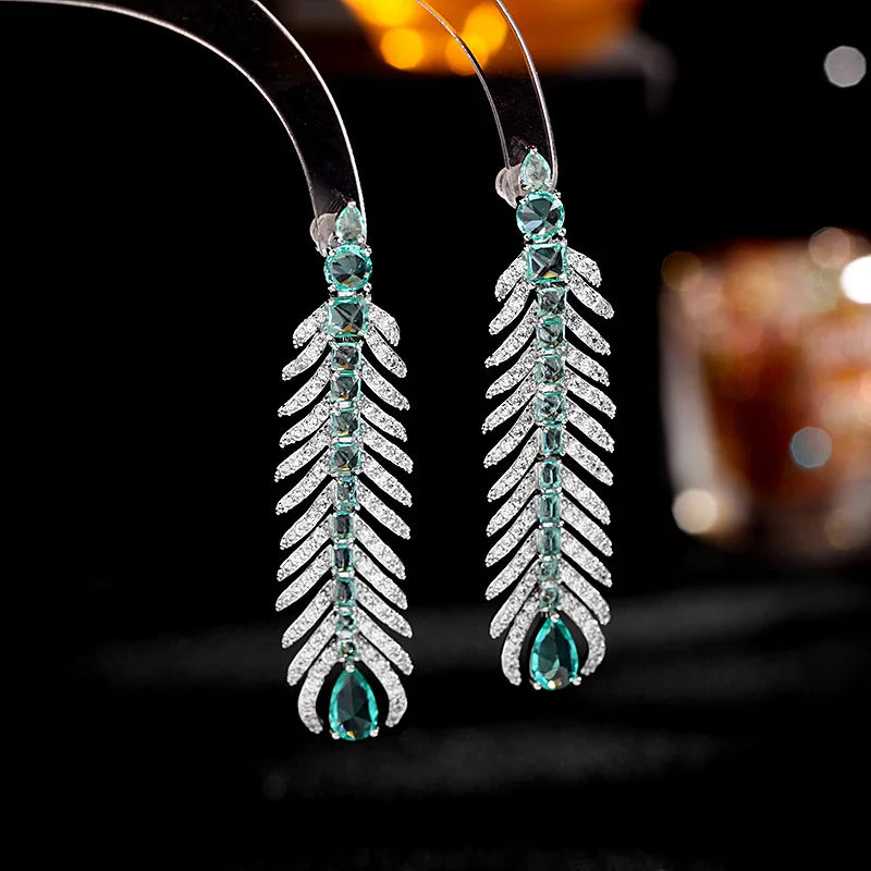 CZ Feather Drop Earrings Vintage Tassel Boho Wedding Jewelry