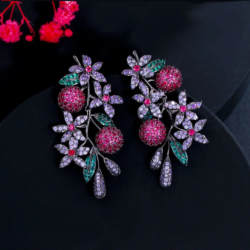 Unique Fruit Flower Earrings 925 Silver CZ Dangler Jewelry