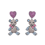 Ladies Bear Drop Earrings Multicolor Set with CZ Pendant Necklace