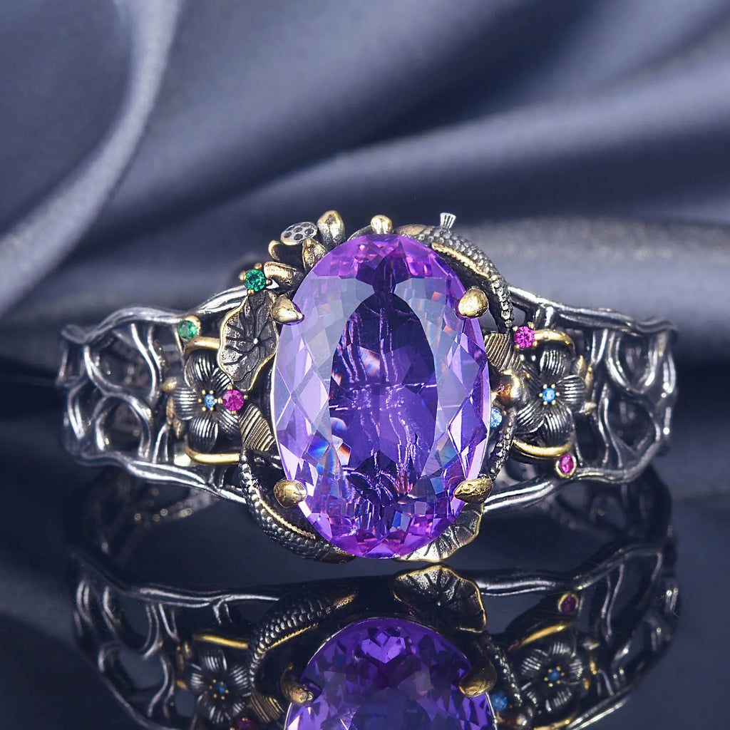 Vintage Thai Silver Cuff Bracelet Purple Zircon Stone Bangle