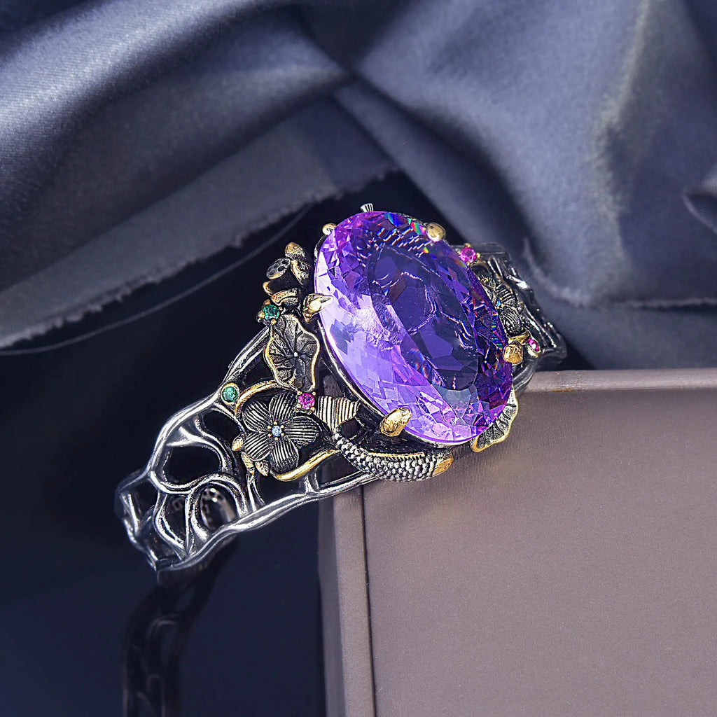 Vintage Thai Silver Cuff Bracelet Purple Zircon Stone Bangle