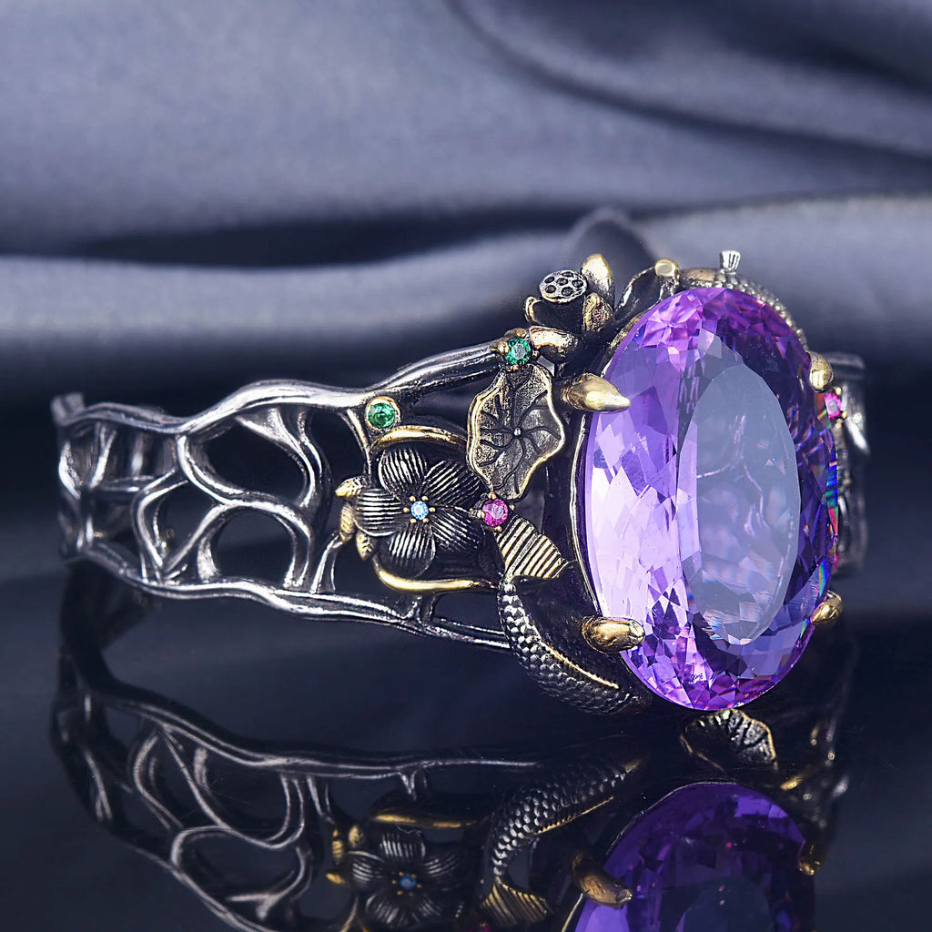 Vintage Thai Silver Cuff Bracelet Purple Zircon Stone Bangle