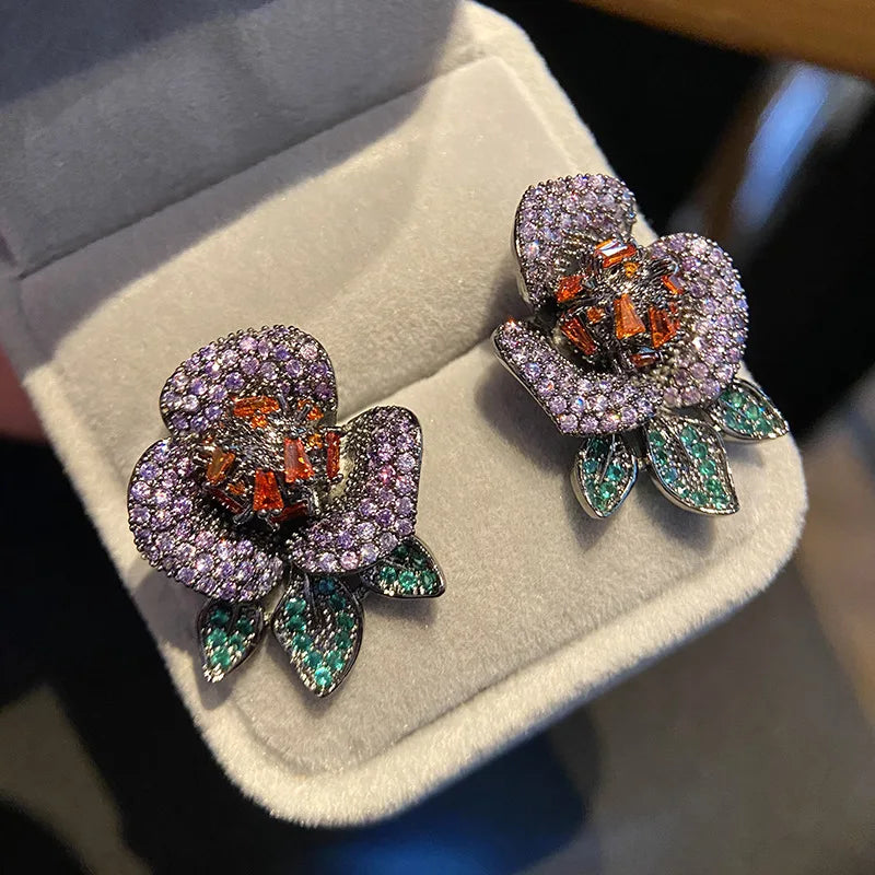 Camellia Flower Earrings Zircon Ear Studs