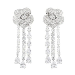 Tassel Earrings CZ Flower Pendant Long Wedding Jewelry