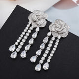 Tassel Earrings CZ Flower Pendant Long Wedding Jewelry