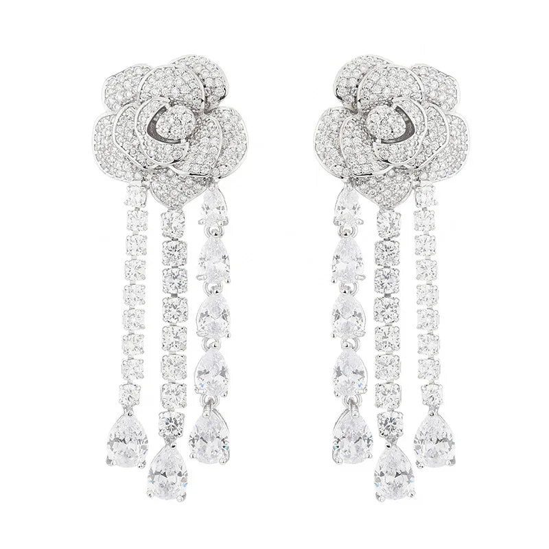 Tassel Earrings CZ Flower Pendant Long Wedding Jewelry