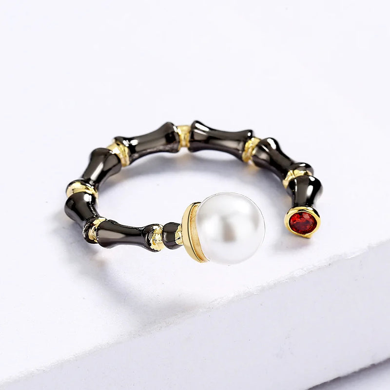 Bamboo Shape Freshwater Pearls Ring for Women Tungsten Jewelry