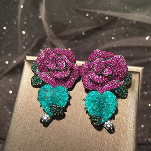 Retro Heart Earrings Tourmaline Stone Rose Flower Bridal Stud Earring