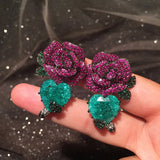 Retro Heart Earrings Tourmaline Stone Rose Flower Bridal Stud Earring