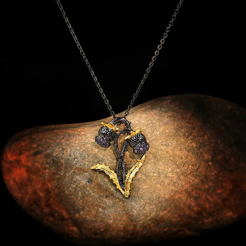 Temperament Jewelry Vintage Branch Flower Two-tone Necklace Amethyst Pendant Nec