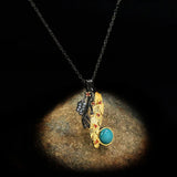 Vintage Jewelry Branch Leaves Inlaid Turquoise Pendant Necklace