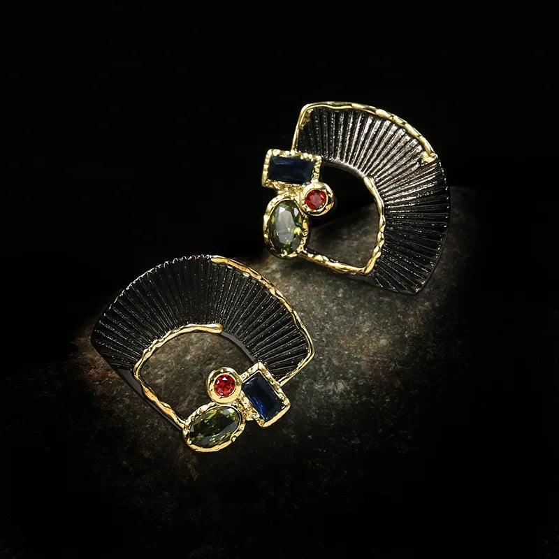 Vintage Punk Style Fan Shape Zircon Stud Earrings