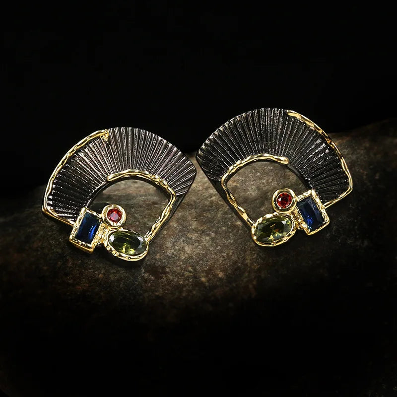 Vintage Punk Style Fan Shape Zircon Stud Earrings